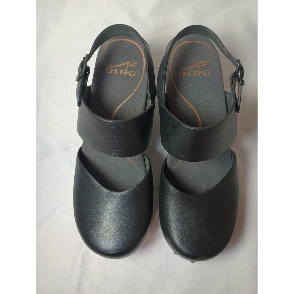 Dansko Thea Black Leather Stapled Clog Sandals Women 36 Adjustable Ankle Strap - Picture 2 of 5